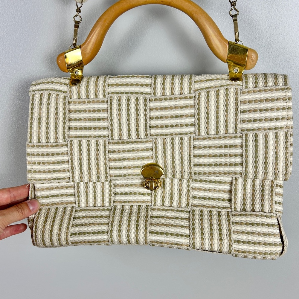 DEBENHAMS Woven‎ Summer Purse Neutral Cream Tan Wooden Handle Old Money Cruise - Picture 2 of 9